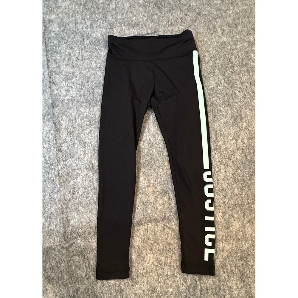 Justice Girls Size 6 Black Mint Stripe Logo Leggings High Waist Athletic